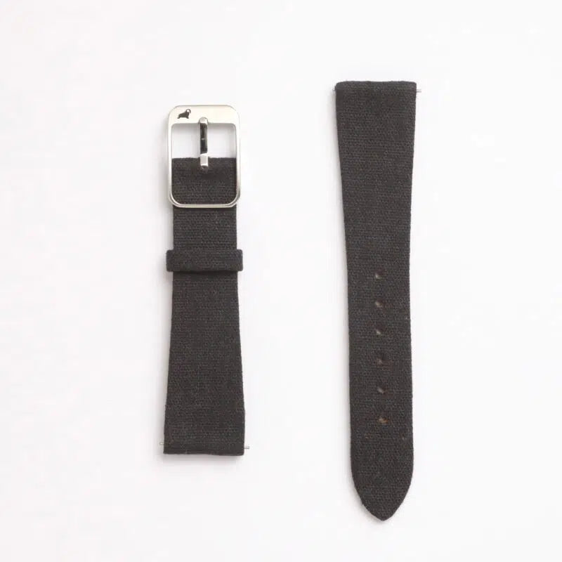 Two black fabric watch straps from RSM Watch Strap on a white background. Left: Fine Canvas watch strap in black coal with a silver buckle. Right: Quick-release spring bars and multiple adjustment holes for comfort.