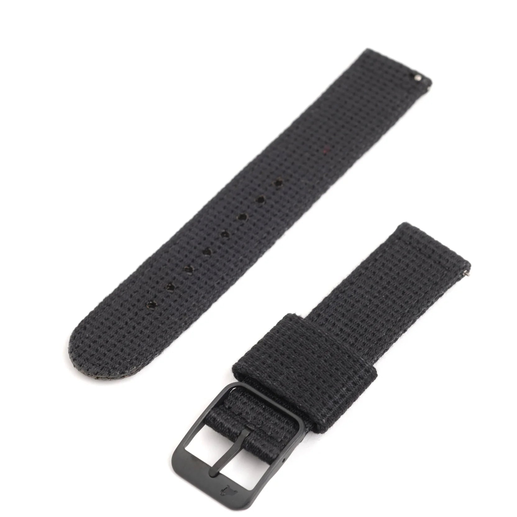 The Vintage Military 2-Piece black fabric strap with quick-release spring bars, metal buckle, and adjustment holes from RSM, displayed on a white background.