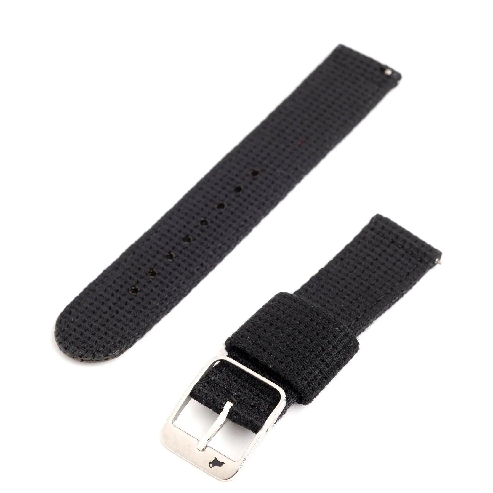 A Vintage Military 2-Piece black fabric watch strap with stainless steel hardware, silver buckle, and quick-release spring bars on a white background.