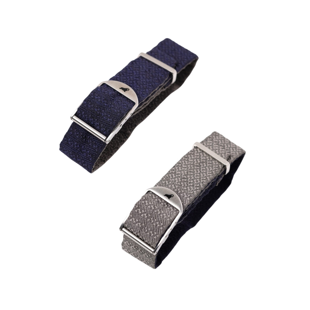 Blue and Grey Reversible Silk Single Pass RSM Watch Strap, displaying both the blue and grey sides for versatile styling.