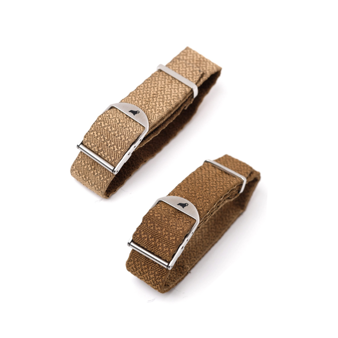 The Bronze and Champagne Reversible Silk Single Pass RSM Watch Strap displays both sides, offering a versatile and stylish design.