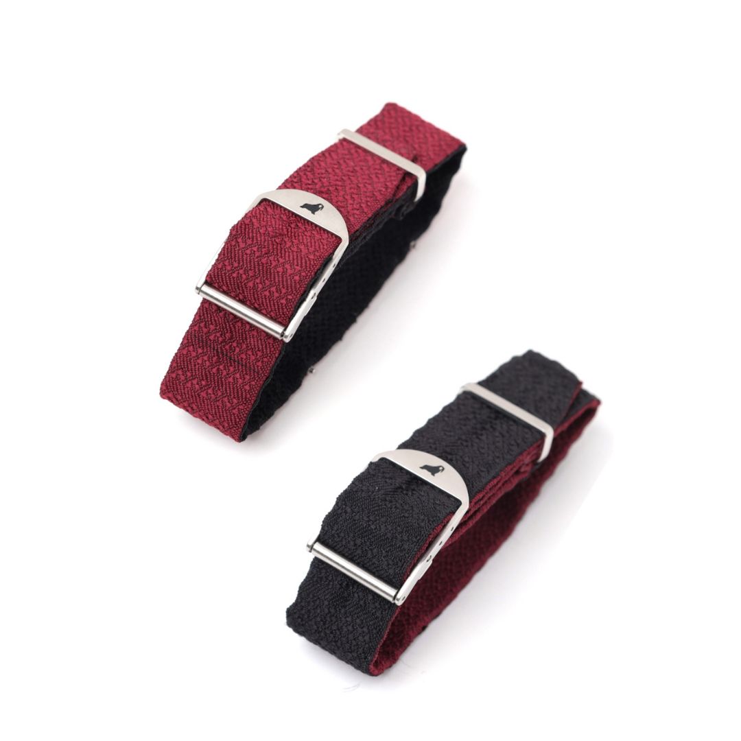 Burgundy and Black Reversible Silk Single Pass RSM Watch Strap displayed, showcasing both sides of the strap.