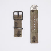 The RSM IRR camo strap features 5 pre-dyed yarns woven with distressed black hardware, including a faded buckle, keeper, and Walrus stamped end cap.