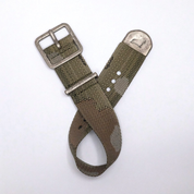 A worn-out RSM Camo Strap with a camouflage pattern, metal buckles, adjustable holes, and an engraved RSM Walrus logo end cap, on white.