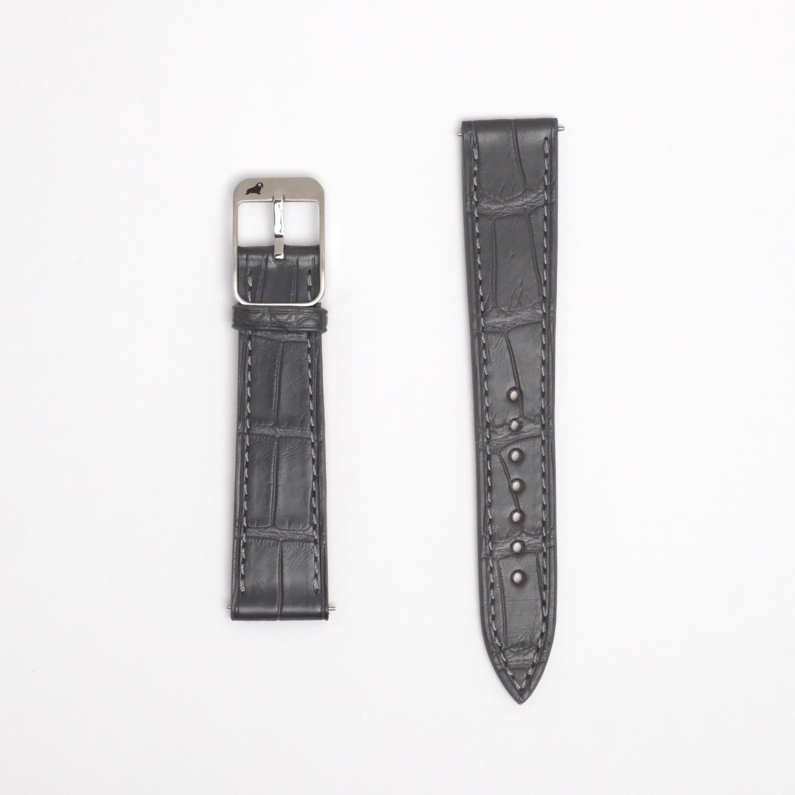 RSM Watch Straps Alligator Strap in black leather with crocodile pattern, featuring a silver buckle and adjustment holes, shown on a white background.