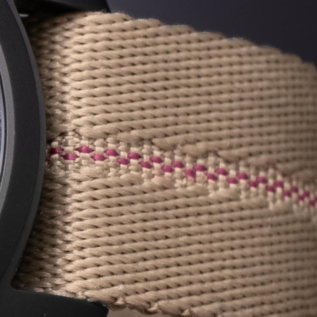 RSM's beige polyester woven watch strap features a red center contrast line with a beautiful staggered position for added style.