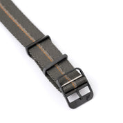 RSM's green adjustable single-pass strap with orange and beige center stripe features black PVD hardware, ladder buckle, and keepers.