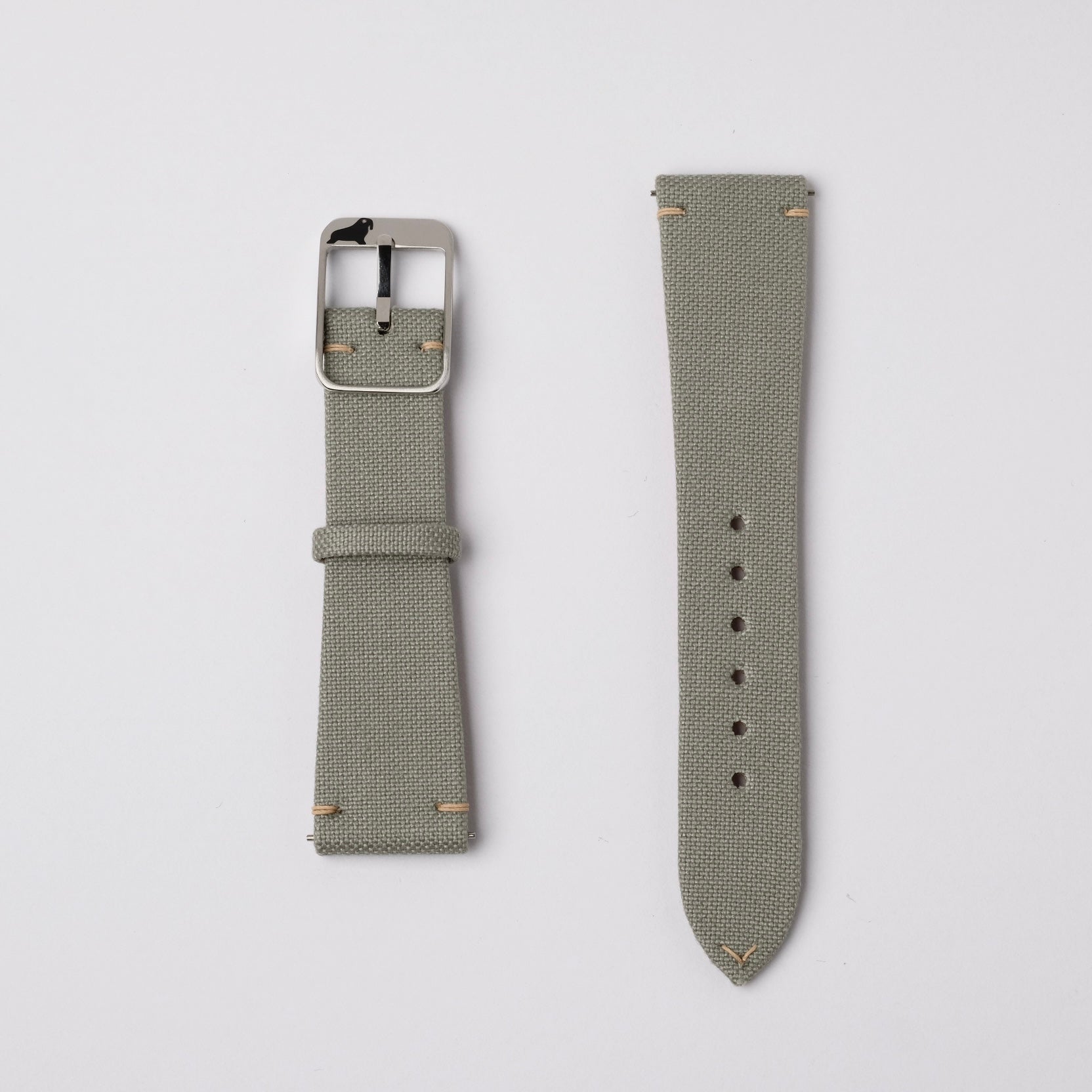 The RSM Safari Green Fine Canvas watch strap is a sophisticated olive cotton fabric strap, khaki stitching with a 316L stainless steel buckle and quick-release spring bars.