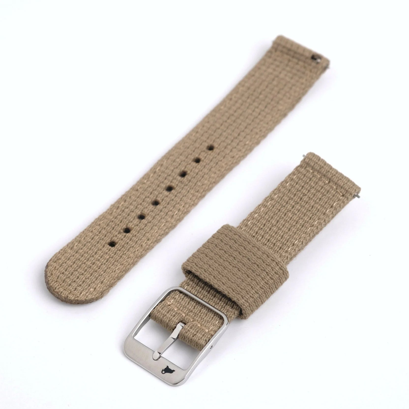 Two Vintage Military 2-Piece beige woven straps on a white background. One has a silver buckle, stainless hardware, and pin clasp, the other is plain.