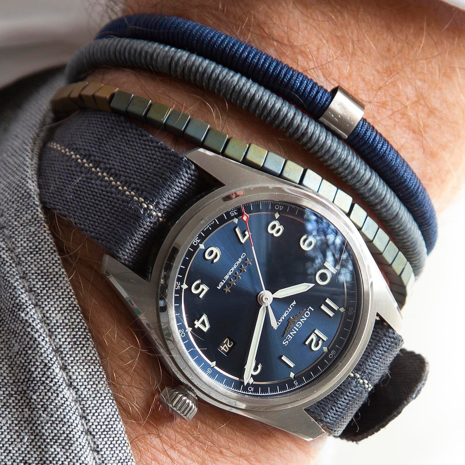 Longines Spirit with blue sunburst dial and 5 stars, worn with RSM's engraved stripe strap with beige center, matching blue bracelets.