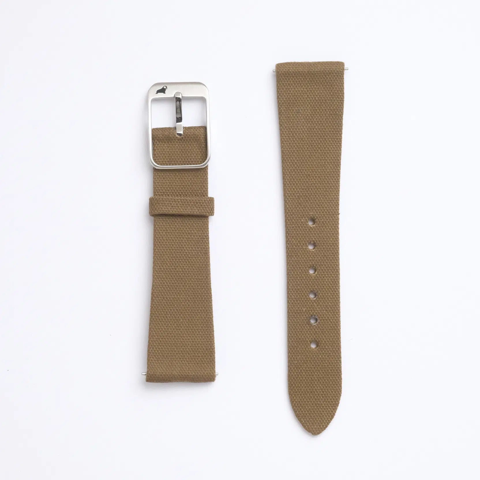 Two brown watch straps on a white background: Left, RSM's Pine Khaki Fine Canvas with silver buckle; right, Zermatt leather with adjustable holes.