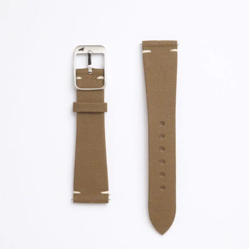 Two Pine Khaki Fine Canvas Straps by RSM rest on a white background. One has sizing holes, the other a silver-tone buckle, both with white stitching.