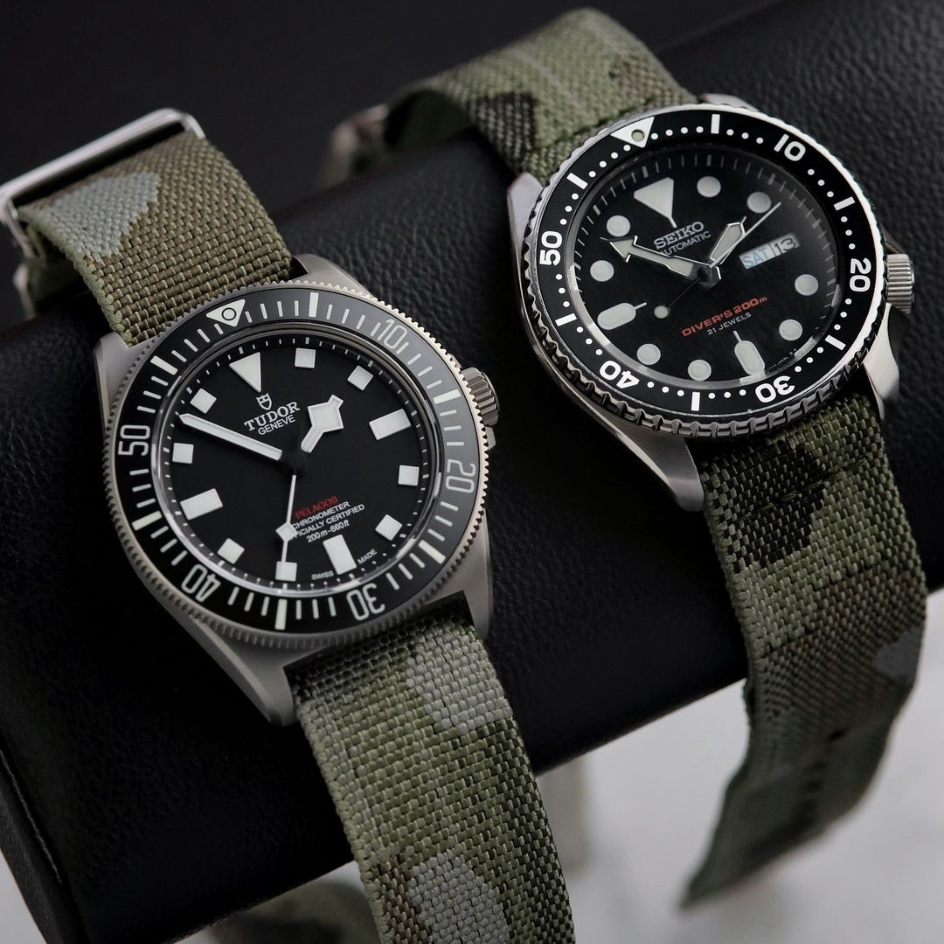 Tudor FXD on the left with RSM camo adjustable single pass, Seiko SKX on the right with RSM camo 2-piece strap.