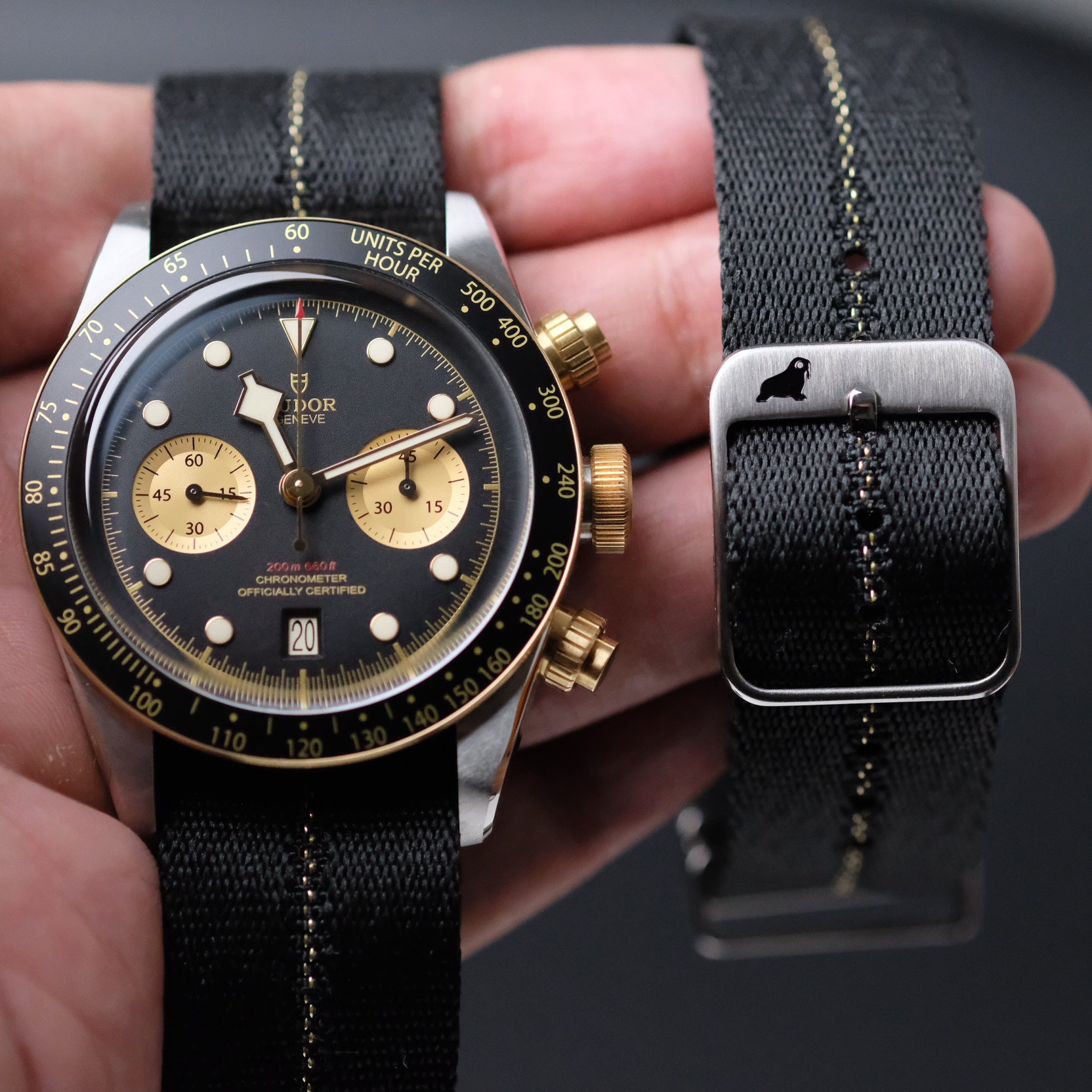 A hand displays a black wristwatch with 14K gold accents and a chronograph, paired with RSM’s Engraved Stripe Gilt Stripe strap with silver buckle.