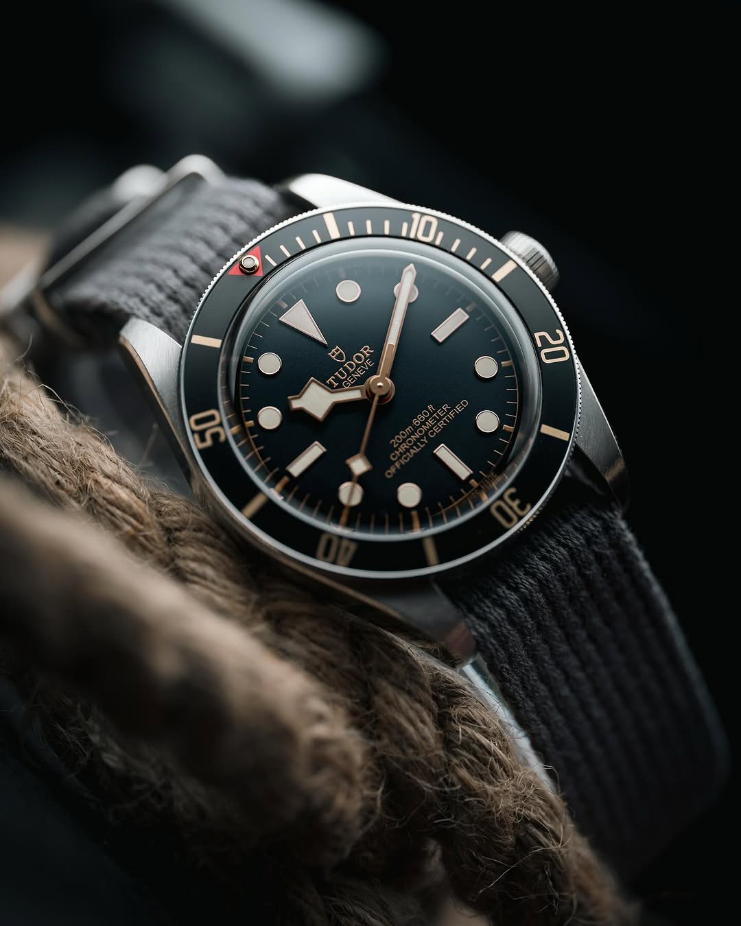 Tudor BB58 black dial with gilt accents on markers, indices and snowflake hands fitted with cool gray RSM vintage military poly cotton single pass strap resting on rope.