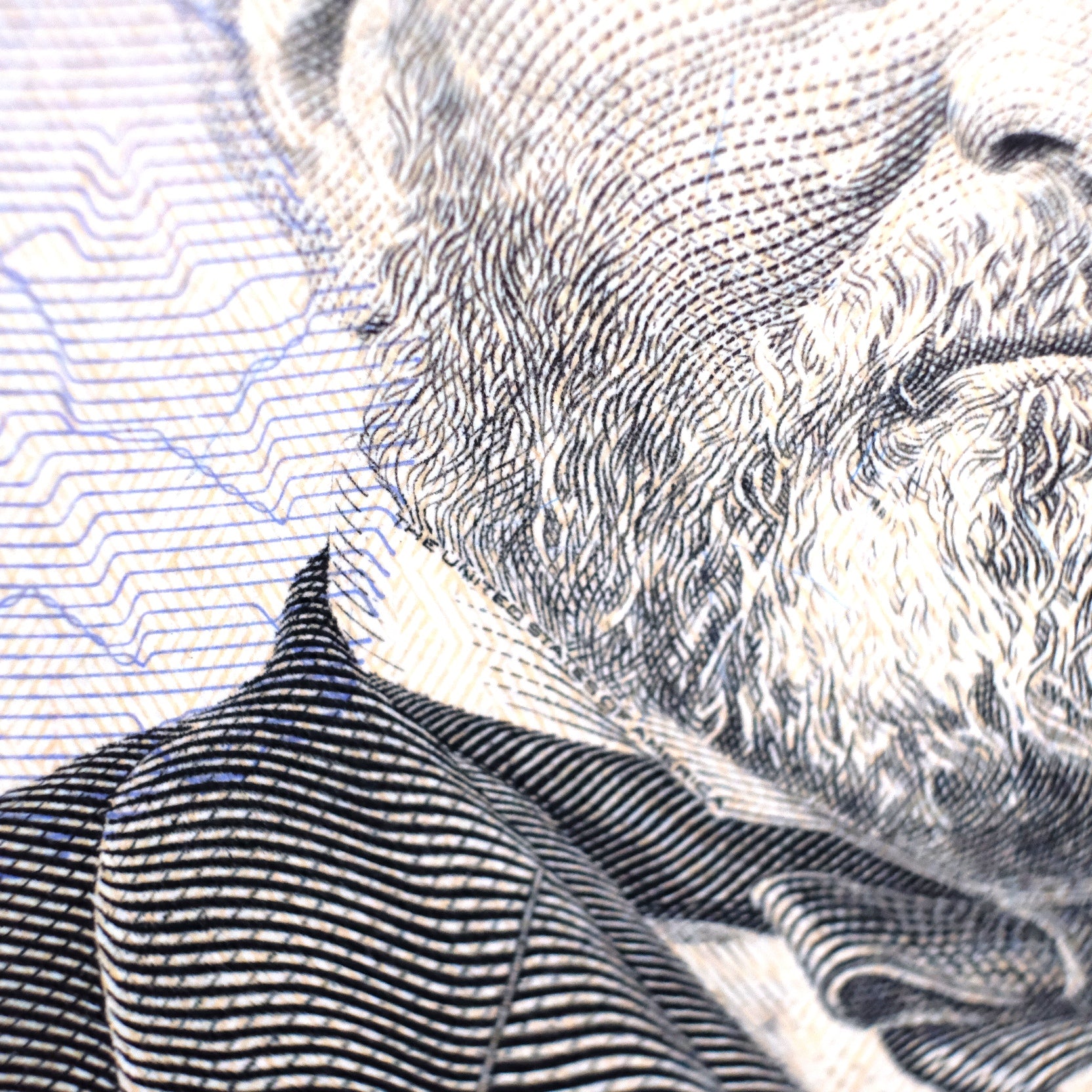 RSM macro image of US dollar note showing cross-hatchings texture, highlighting lines on human skin, facial hair, and fabric for detail.