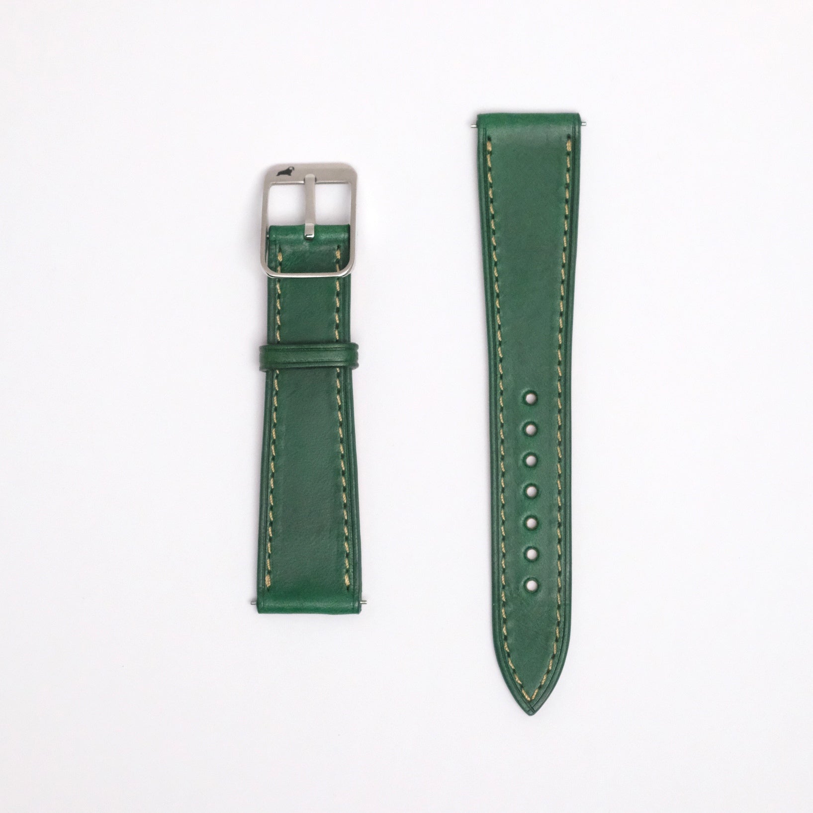 Verdell Green soft Buttero leather watch strap with tight beige accent stitching along the tapered perimeter. 316L stainless steel buckle and matching green leather keeper complete the look.